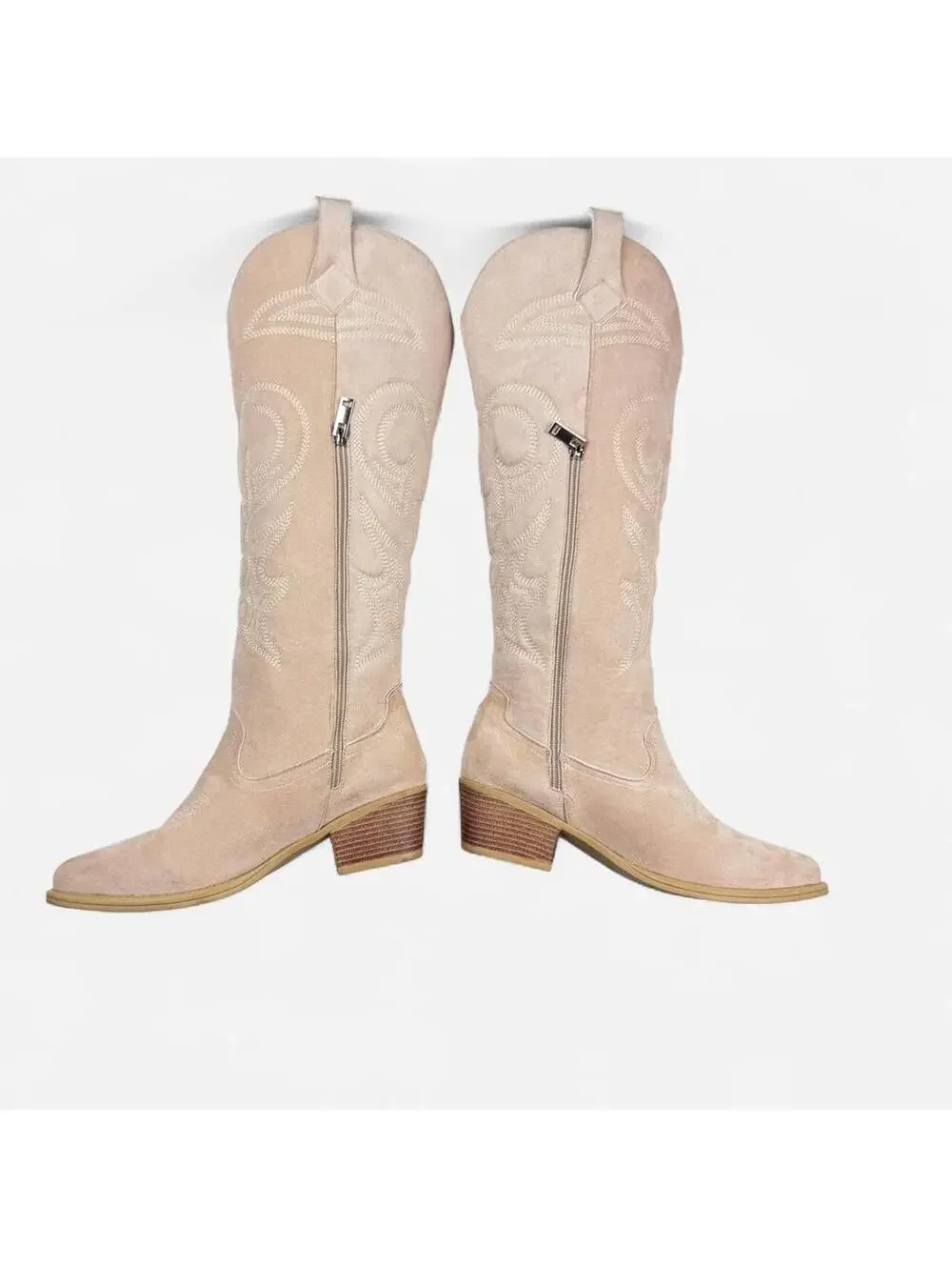Cream Vegan Chocolate Suede Embroidered Western Cowboy Boots in Cream